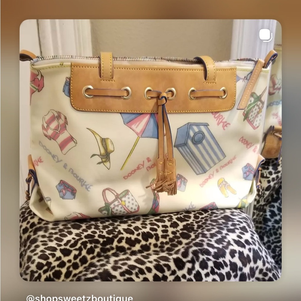 Dooney & Bourke Cream Tote with Tan Trim and Multicolor Beach Motif